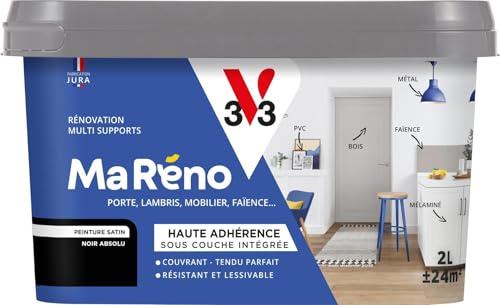 V33 Peinture Intérieure Multi-Supports Ma Réno Noir Absolu Satin 2L | Multi-Supports - Rénovation - Sous-Couche intégrée - Résistant et Lessivable - Couvrant