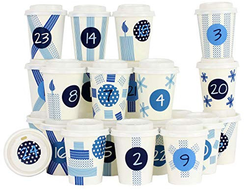 Papierdrachen DIY Adventskalender Kaffee-Becher - zum selber Basteln und Befüllen - mit blauem Washi Tape - 24 Coffee to Go Cups - Design Set 2
