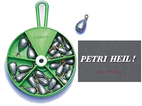 Birnenblei Sortiment, Spender-Dose Verschiedene Gewichte, 27 Stck.+ gratis Petri Heil! Aufkleber