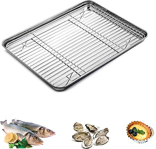 Gfamous: Bandeja para Hornear con Rejilla de Enfriamiento, Acero Inoxidable 304 de Grado Alimenticio, 26 x 20 x 2,5 cm, Saludable y No Tóxico, Fácil de Limpiar y Apto para Lavavajillas
