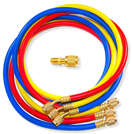 GOLDMAN SERVICE | Set 3 Mangueras Recarga Gas Refrigerante AC + Adaptador. Compatible con sistemas Universales de Aire Acondicionado de Coche o Split. Largo 150 cm, 60 pulgadas
