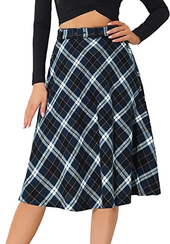 Allegra K Women's Tartan Plaid High Waist Belted Vintage A-Line Midi Skirt, Blue White, M