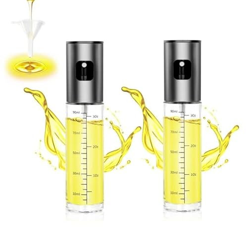 Spruzzatore Olio 2PCS, Nebulizzatore Olio con Scala, 100ml Olio Spray per Friggitrice Ad Aria, Acciaio Inox e Vetro Spruzzino Olio da Cucina Accessori, Dosatore Oio per Cucina, Grigliare, Forno
