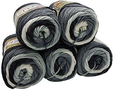 5 x 100 Gramm Alize Burcum Batik Wolle mehrfarbig mit Farbverlauf, 500 Gramm Acryl Strickwolle bunt (grau weiß 1900)