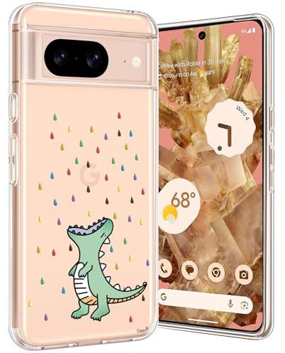 Unov Hülle für Pixel 8, Handyhülle Klar mit Motiv, Regenbogen Dinosaurier | Transparente Schlank Guter Halt, Rutschfest Prägung Muster, Stoßfest Schützende, Erhöhter Kameraschutz, Kratzfest Weich TPU