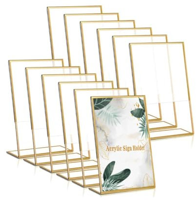 Exogio 12 Pcs Acryl Tischnummern Hochzeit, Bilderrahmen Golden, Hochzeits Tischkartenhalter, T-Doppelseitige Menüständer, Speisekartenhalter, Tischnummern für Hochzeit Restaurant Geschäft 10 X 15 cm