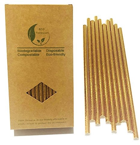 Gold Paper Straws, Biodegradable Recyclable Drinking Straws Solid Gold Foil Paper Straws for Party Birthday Wedding (7.75inch, 100 Pack)