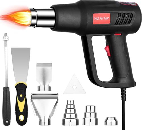 Pistola de calor Profesional, 60℃- 600℃ Temperatur Pistola Aire Caliente, Protección Contra Sobrecarga, heat gun 8 Boquillas para Pistola Calor Industrial, Pistola de Calor para Película de Coche