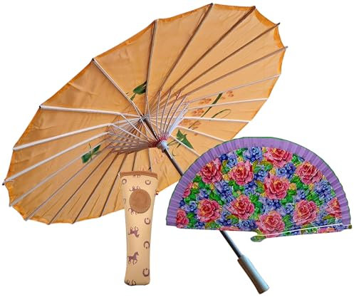 Planta Color Parasol à main style chinois/japonais avec éventail en bois et étui en cuir pour éviter la chaleur estivale., orange
