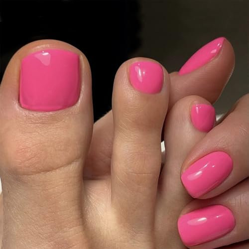 NICENEEDED 24Pcs Presse Rose Vif Brillant Sur les Ongles des Pieds Faux Ongles à Couverture Complète Bâton Naturel Sur les Ongles pour Femmes Ongles Acryliques Courts à Bout Carré