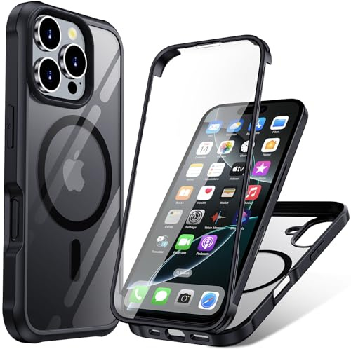 Holidi 360 Grad Hülle für iPhone 16 Pro mit Magsafe, Hülle für iPhone 16 Pro Vorne und Hinten, 360 Grad Magnetisch Handyhülle Schutzhülle mit Eingebautem 9H Panzerglas Displayschutz. Schwarz