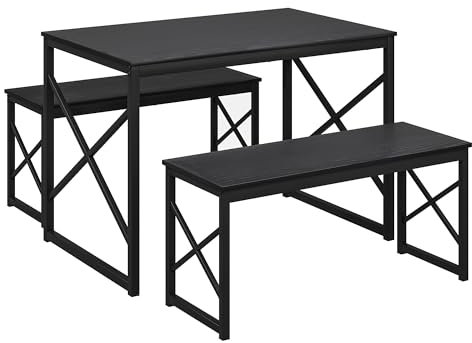VECELO Dining Table Set with 2 Benches, Space-Saving Kitchen Table Furniture Set for 4 People Small Space, Sturdy Metal Frame Industrial Design, Black