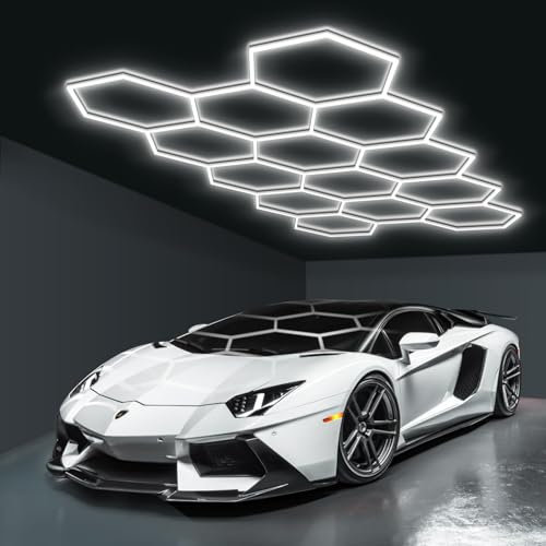 Hexagon LED Garage Lights, Honeycomb Ceiling Light, 456W, 6500K Super Bright, 4.1 X2.4m 14 Grid Systems Car Detailing Lights for Garage Warehouse Workshop Basement Gym Auto Shopping malls (14-HEX)