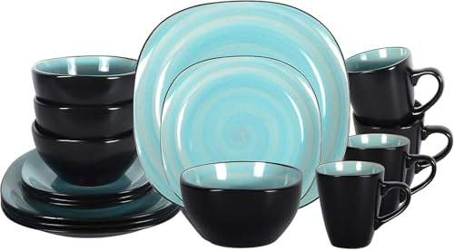 HomeVss Sonoma 16-teiliges Steingut-Essgeschirr-Set, außen schwarz mit schwarzen Sprenkeln (Quadrat blau)