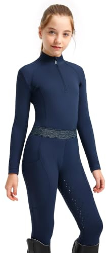 FitsT4 Sports Completo da equitazione per ragazze, set da equitazione in 2 pezzi, camicia equestre e pantaloni in silicone con toppa al ginocchio