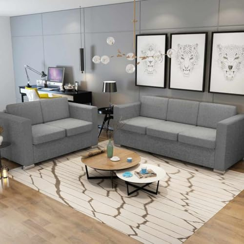 Keeushr Zweiteilige Sofagarnitur Stoff Hellgrau mit Couchtisch – 1 x 2-Sitzer und 1 x 3-Sitzer Sofa Set für Wohnzimmer und Büro