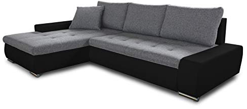 Ecksofa mit Schlaffunktion Faris - Couch mit Bettkasten, Big Sofa, Sofagarnitur, Couchgarniitur, Polsterecke, Bett (Schwarz + Grau (Madryt 1100 + Inari 91), Ecksofa Links)