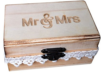 TOPBATHY Rustikale Ringbox aus Holz Vintage Mr Mrs Spitze für Hochzeit, Verlobung, Heiratsantrag (Holzkiste)