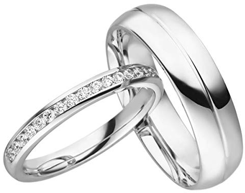 JC Trauringe Silber 925 Paarpreis Eheringe I Traumhafte Verlobungsringe Partnerringe mit Gravur in edler Schatulle I 2 Hochzeitsringe Herrenring 6,0 mm & Damenring mit Steinen 2,7 mm I LC105-S