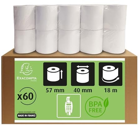 Exacompta 40753E 60er Pack Thermopapierrollen 1-lagig Breite: 57mm, Länge: 18m, Durchmesser Kern: 12mm 55g/m² rückseitig bedruckt für Kartenzahlung (EC Cash Geräte) Phenolfrei