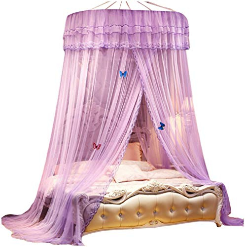 Kaiyei Moskitonetz Universal Himmelbett für Doppel, Einzel, Kinderbetten, Prinzessin Betthimmel Rund mit Klebehaken Schlafzimmer Schmetterling Dekoration Romantisch Palast Violett 120cm×200cm