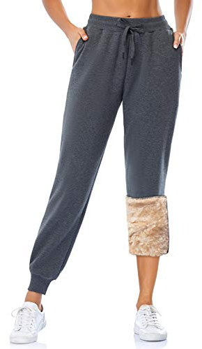 MOVE BEYOND Women's Fleece Lined Joggers Thermal Sweatpants with 2 Pockets Warm Winter Sherpa Trousers with Drawstring, Dark Heather Grey, S