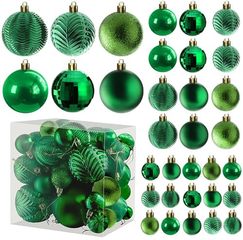 Prextex Green 36-Piece Shatterproof Glitter Balls, Christmas Tree Baubles, Exquisite Xmas Combo of 36 Christmas Balls and Shape Styles