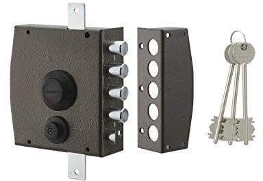 THIRARD - Serrure en Applique à Clé pour Porte d'Entrée - Droite - 3 Points - Coffre et Gâche Acier - Verrouillage à Trois Points - 154 x 140 mm - Noir - 3 Clés Incluses