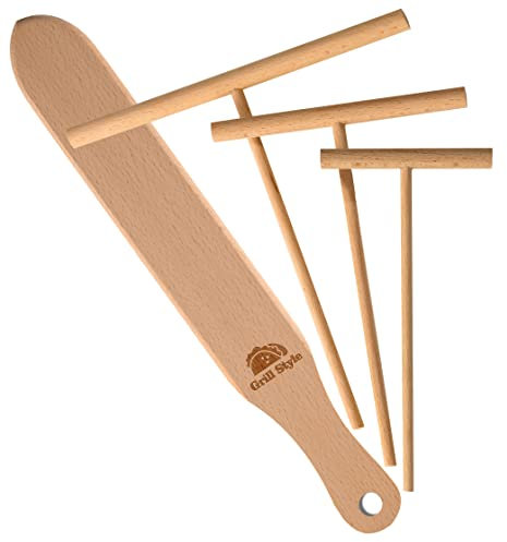 Crepe Spreader and Spatula Kit, 3.5 Inch, 5 Inch, 7 Inch T-Shaped Batter Spreaders & 13.4 Inch Spatula Turner, Pancake Tool, Natural Wood Material Crepes Sticks Fit Any Crepe Pan Maker, Pack of 4