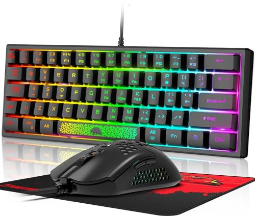 60 Prozent Mini Gaming Tastatur Und Maus Set Schwarz, QWERTY Layout RGB Regenbogen LED Beleuchtet Mechanische Gefühl Ergonomische Tastatur, 12000 DPI Bienenwabe Maus USB Verkabelt Fã¼r PC Laptop