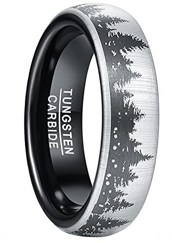 GALANI Schwarz Silber Wolfram Ring Gewölbt Hochzeit Ring für Herren Damen 6mm Ehering Verlobungsring Jahrestag Ringe mit Laserwaldmuster Geburtstag Geschenk Größe 52(16.6)
