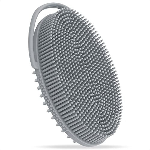 Hience Spazzola per Corpo in Silicone Esfoliante 2 Lato con Maniglia ad Loop, Spazzola per Corpo Bagno/Doccia per Delicata Esfoliazione e Massaggio, Più Igienico e Duraturo Della Luffa/Spugna, Grigio
