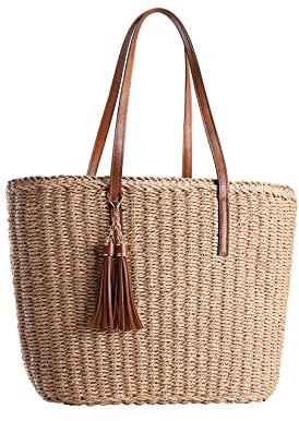YXILEE Large Straw Bags For Women | Straw Travel Beach Totes Bag M Woven Summer Tote Handmade Shoulder Bag Handbag, Khaki, XL