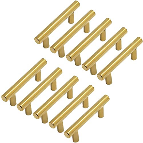 MARGUERASW Lot de 10 Poignee Meuble Doré Poignée de Meuble Cuisine Dorée -Poignée de Meuble Laiton Brossé en Acier Inoxydable Entraxe 64mm