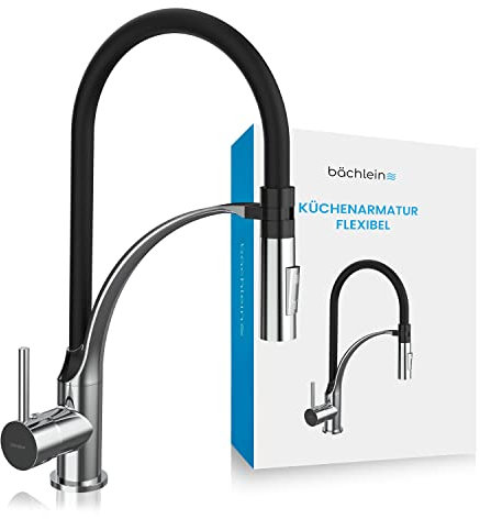 Bächlein Küchenarmatur Assaranco – 360 Grad schwenkbar (Chrom) – Einhand-Spültischbatterie mit flexiblem Hals und Brause mit Umschalt-Taste, Küchen-Wasserhahn mit magnetischer Halterung