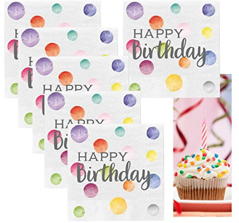 Bada Bing 6er mit 120 Stück Servietten Spruch Happy Birthday weiß Konfetti edel Papierservietten Motiv Motivservietten Geburtstag stilvolle Tischdekoration Partyzubehör 56