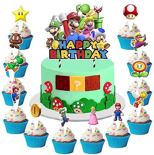 S-uper Mario Toppers, 25 Stück S-uper M-ario Geburtstag Tortendeko, Cartoons Kuchen Topper Spielzeug, Kuchen Dekoration, M-ario Cupcake Toppers Dekoration für Mädchen Junge