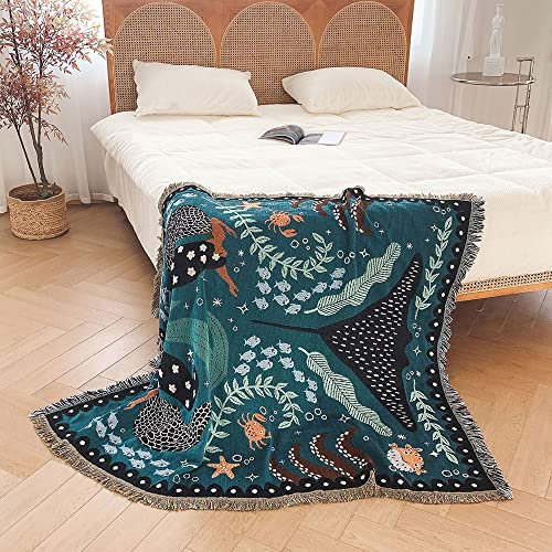 Menkala Kuscheldecke Boho Meerjungfrau Decke Sofadecke mit Fransen Tagesdecke Strickdecke Wohndecke Couchdecke Deko für Sofa Büro Betten Reisen Wohnzimmer Schlafzimmer Blau, 130 x 160 cm