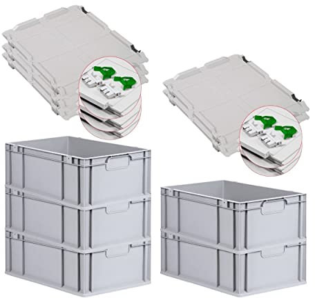 PROREGAL SuperSparSet 5x Eurobox NextGen Economy mit Scharnierdeckel & grünen Verschlüssen | Griffe geschlossen | HxBxT 22x40x60cm | 44 Liter | Eurobehälter Transportbox Transportbehälter