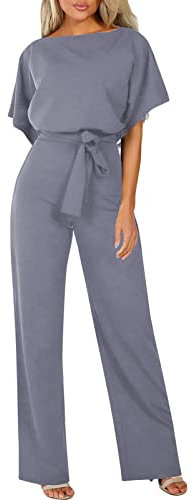 OUMSHBI Jumpsuit Elegant Kurzarm Damen Unifarben U-Ausschnitt Overall Romper Latzhosen mit Gürtel Locker Casual Playsuit Arbeitshose Sommer Lang Weites Bein Damen Arbeitsoverall Trägerhose Grün