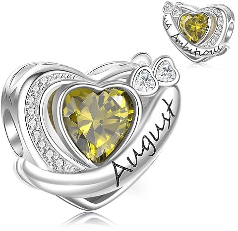 Symretie Charms Geburtsstein August Anhänger Charm aus 925er Sterlingsilber,Offen Gearbeiteter Herz Perlen Geburtstagsgeschenke für Frauen