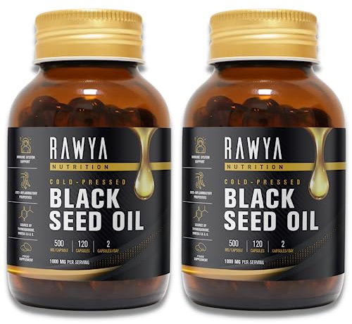 Rawya Black Seed Oil - 120 Softgel Capsules, Cold-Pressed Nigella Sativa, Pure Black Cumin Seed Oil, Rich in Omega Fatty Acids, Cumin Seeds for Radiant Skin & Hair Nourishment - 500mg Each, 2 Pack