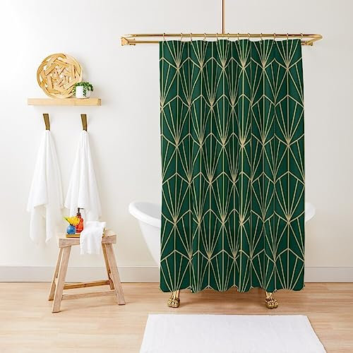 ZGDPBYF Duschvorhang, Retro-Geometrie, Art-Deco, in Grün und Gold, wasserdichter Duschvorhang, Stoff, Badezimmerdekoration, mit Haken, 200 x 180 cm (B x H)