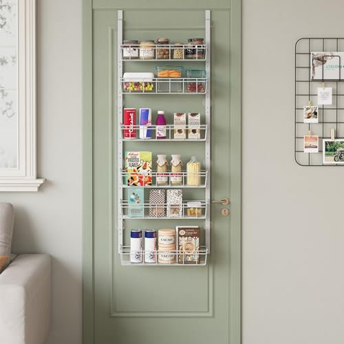 UMDONX Metal Storage Shelf 6 Tier Kitchen Rack Organiser, Multifunctional Over Door Hanging Shelving Unit for Spice Bedroom Bathroom (White Large Capacity)