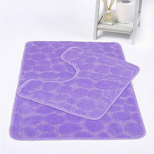 SERENITY GIFTS LTD Greek Bath Mat Non Anti Slip with Water Absorbent Bathroom Rug Mats Set 2 Piece 100% Polypropylene Pedestal Toilet Shower Rugs Machine Washable Quick Dry (Lilac)