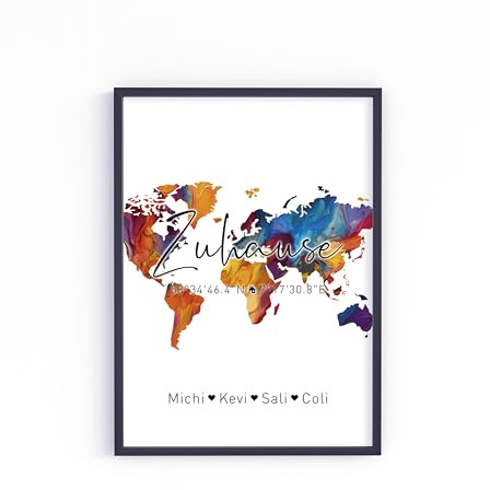 Zuhause Koordinaten Kunstdruck A4 ungerahmt als Einweihungsgeschenk oder Geschenk-Idee zum Einzug Einweihung Jahrestag Richtfest Umzug Wand-Bild Wand-Deko Weihnachten (Bunt)