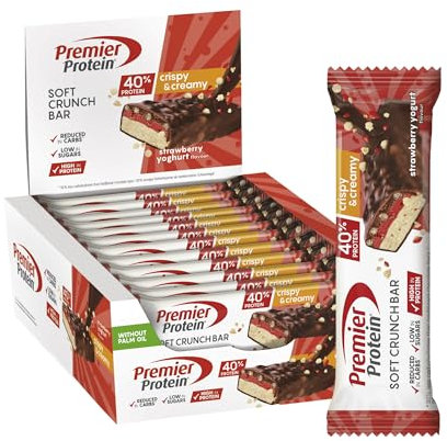 Premier Protein Soft Crunch Bar 40% Protein Strawberry Yogurt 12x40g - Haute teneur en protéines + Hydrates de carbone réduits + Sans huile de palme