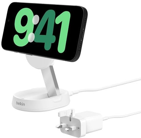 Belkin BoostCharge Pro 15W convertible magnetic wireless charging stand,MagSafe compatible fast Qi2 wireless charger,magnetic fast charger for iPhone 16/15/14/13, AirPods Pro, 20W plug incl. - White