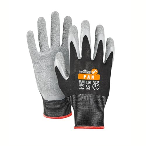 WORKPOWER– Arbeitshandschuhe Pan für Herren – rutschfeste Handschuhe mit Latexbeschichtung – verfügbar in den Größen 8 (Schwarz/Grau)