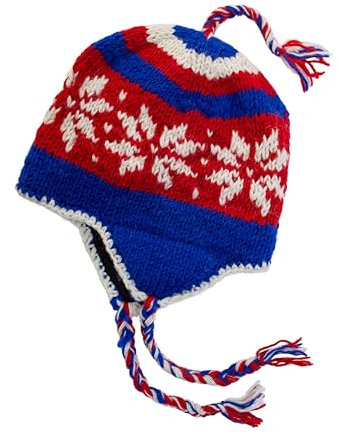 Handgestrickte Sherpa-Wolle, Unisex-Mütze mit Micro-Fleece-Futter mit Schneeflockenmuster, Ohrenklappen, Toque, Beanie, Königsblau, Rot und Weiß, Einheitsgröße